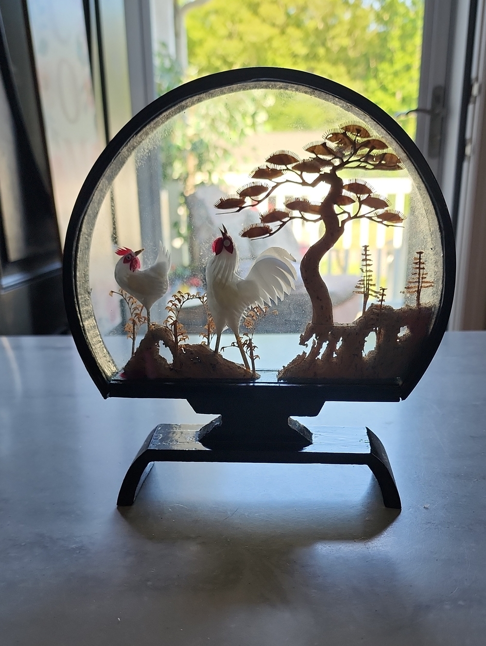 Vintage Chinese Rooster Cork Glass Art Sculpture with Tree Accent